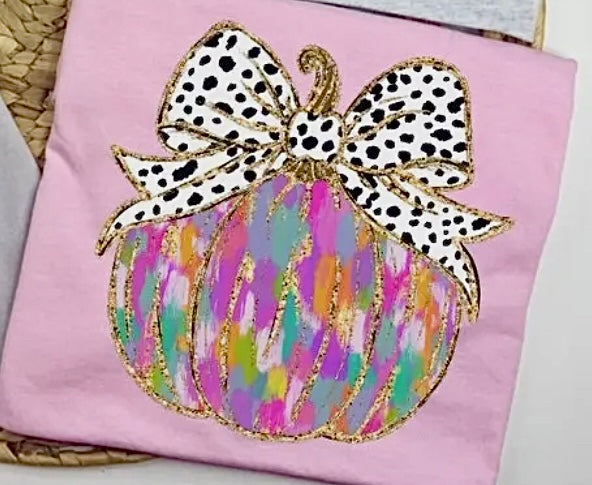 WATERCOLOR PUMPKIN WITH DALMATIAN PRINT BOW PINK TEE- SALE