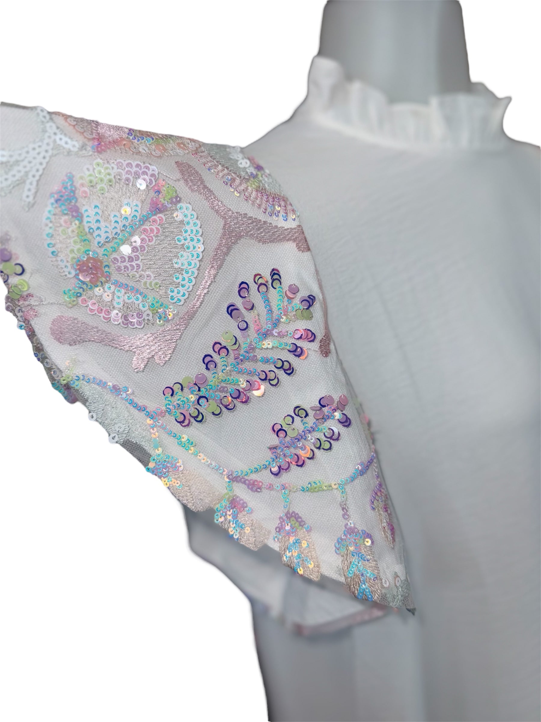 WHITE IRIDESCENT SEQUIN FLUTTER SLEEVE BLOUSE- SALE- MEDIUM & LARGE AVAILABLE