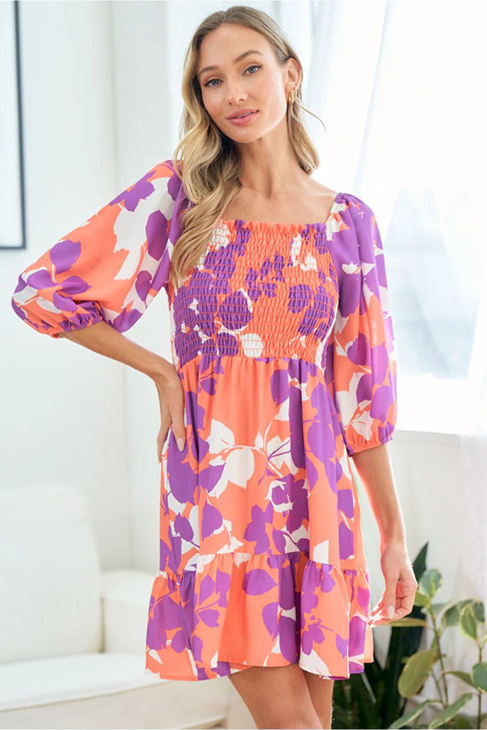 CORAL PURPLE FLORAL BABYDOLL FIT & FLARE SMOCKED DRESS- PLUS- SALE