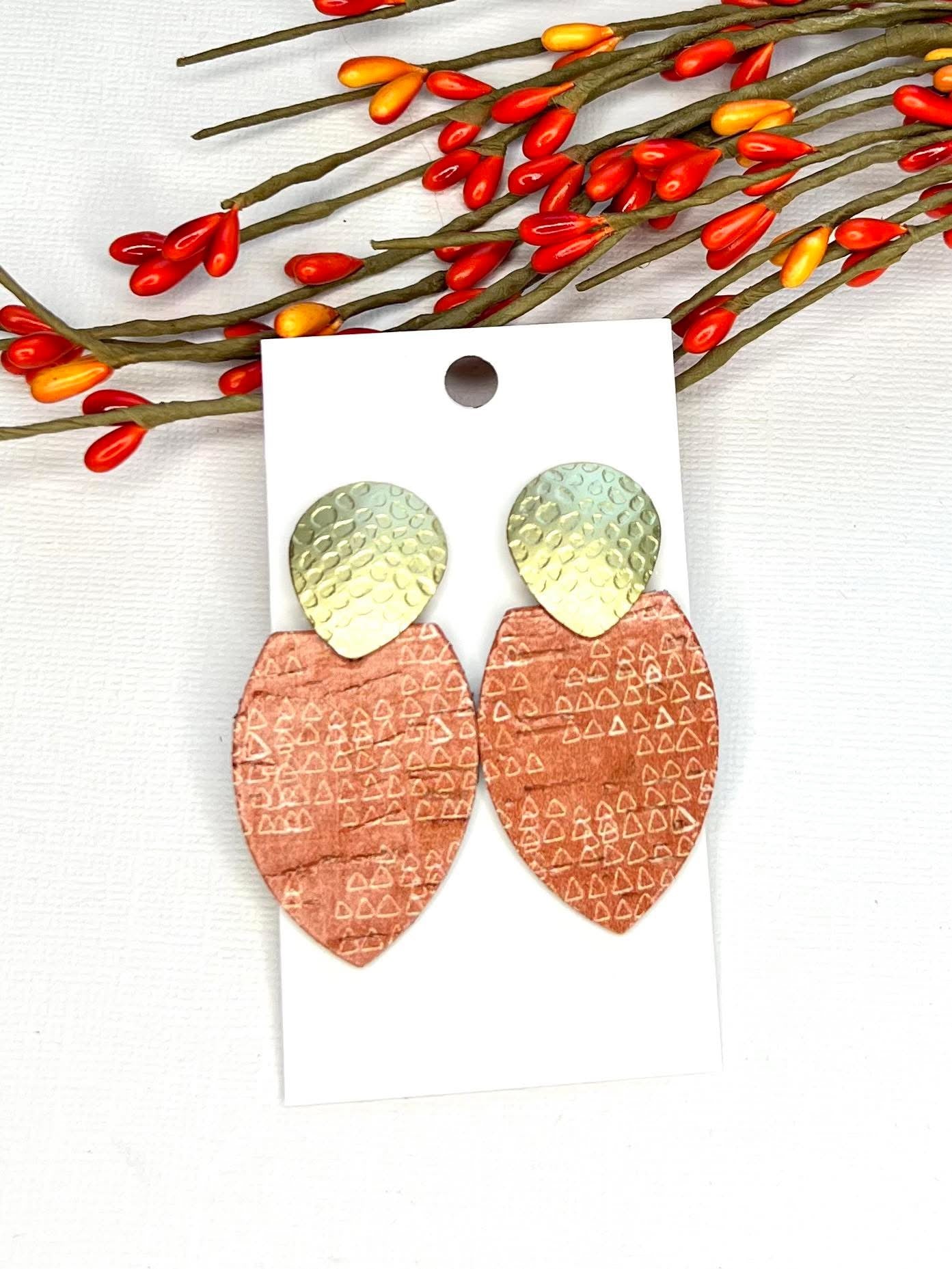 LEATHER RUST WITH IVORY GEO-PRINTED DESIGN TEARDROP GOLD TEXTURED POST HANDMADE EARRINGS BY B.O.D