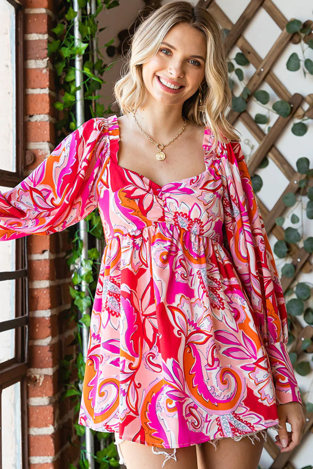 GROOVY RETRO PINK RED ORANGE FUCHSIA DESIGN BABYDOLL WOVEN TOP- SALE