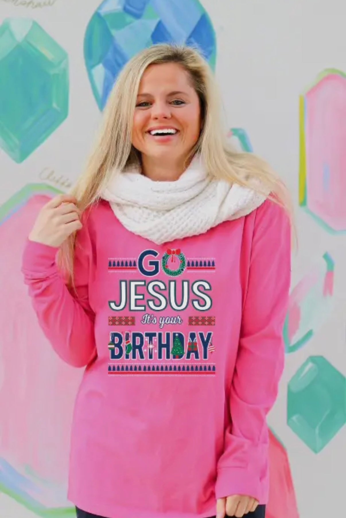 NEON PINK KINDNESS & CONFETTI GO JESUS ITS YOUR BIRTHDAY LONGSLEEVE TEE