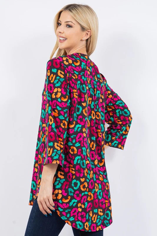 BLACK & NEON MULTI PRINT ANIMAL 3/4 SLEEVE TOP-PLUS