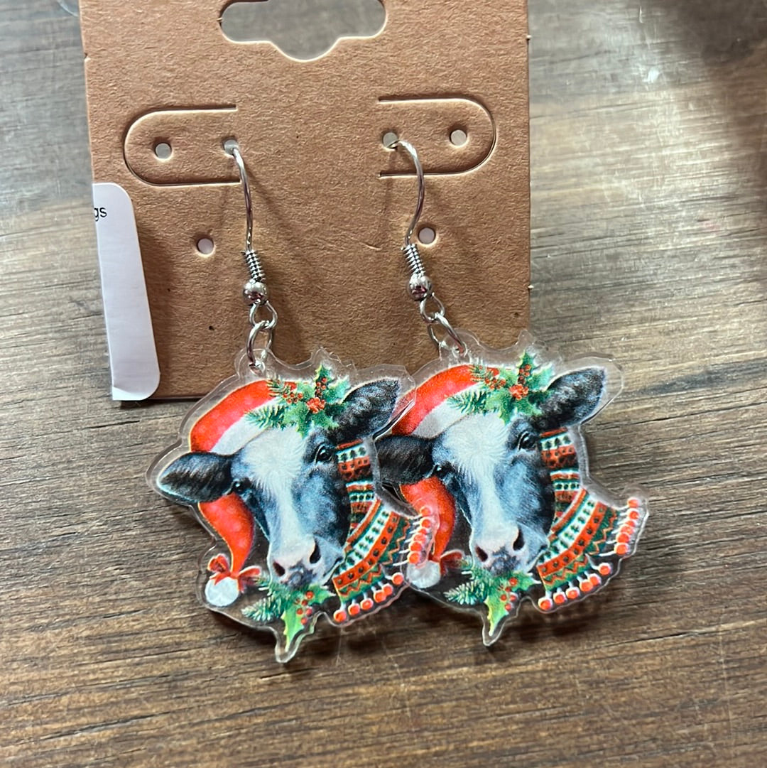 Cow & Holly Berries Christmas Acrylic Earrings