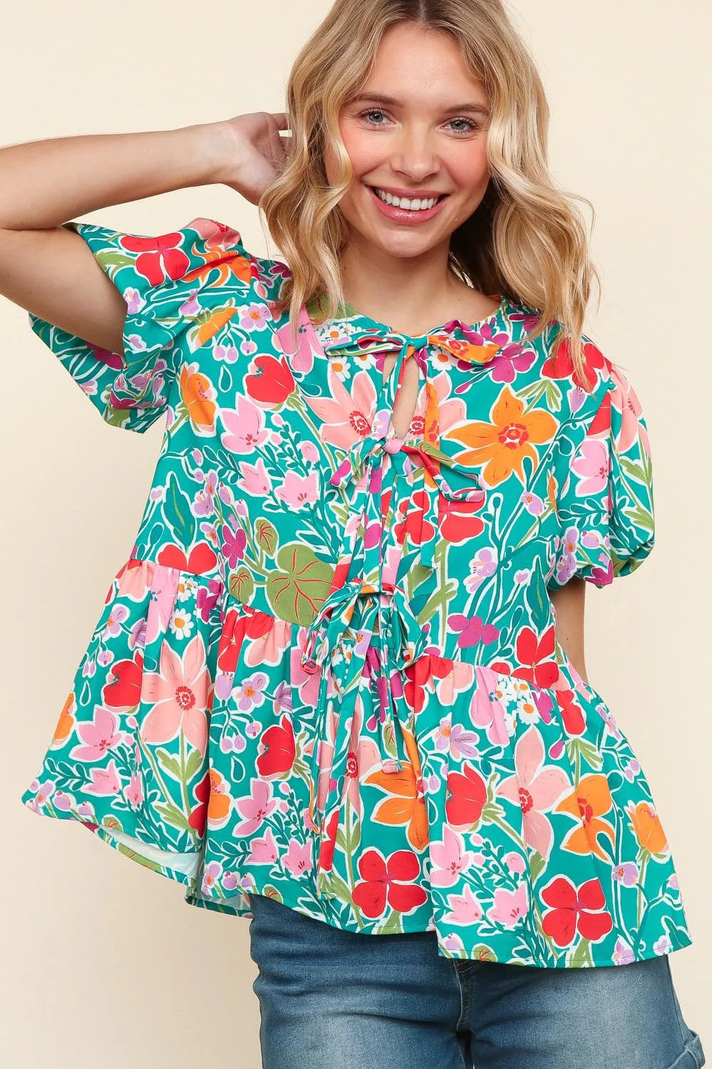 AQUA COLORFUL RIBBON BOW FLORAL WOVEN BLOUSE- PLUS- SALE