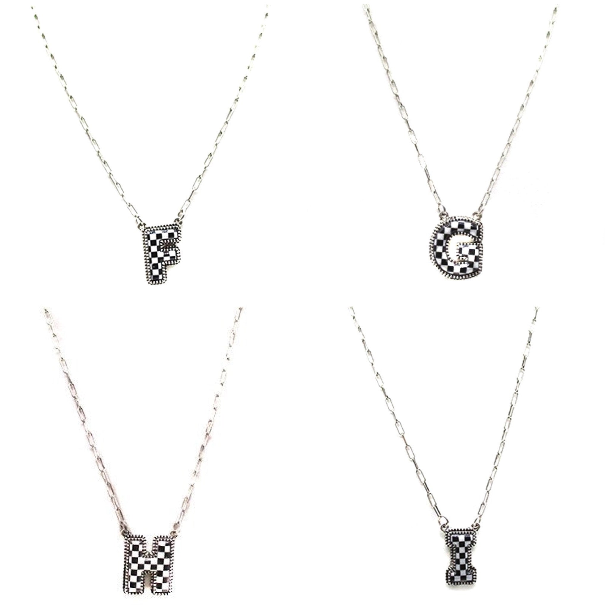 CHECKERED BUBBLE INITIAL BLACK & WHITE ON SILVER CHAIN WITH 18" + 3" EXTENDER NECKLACE