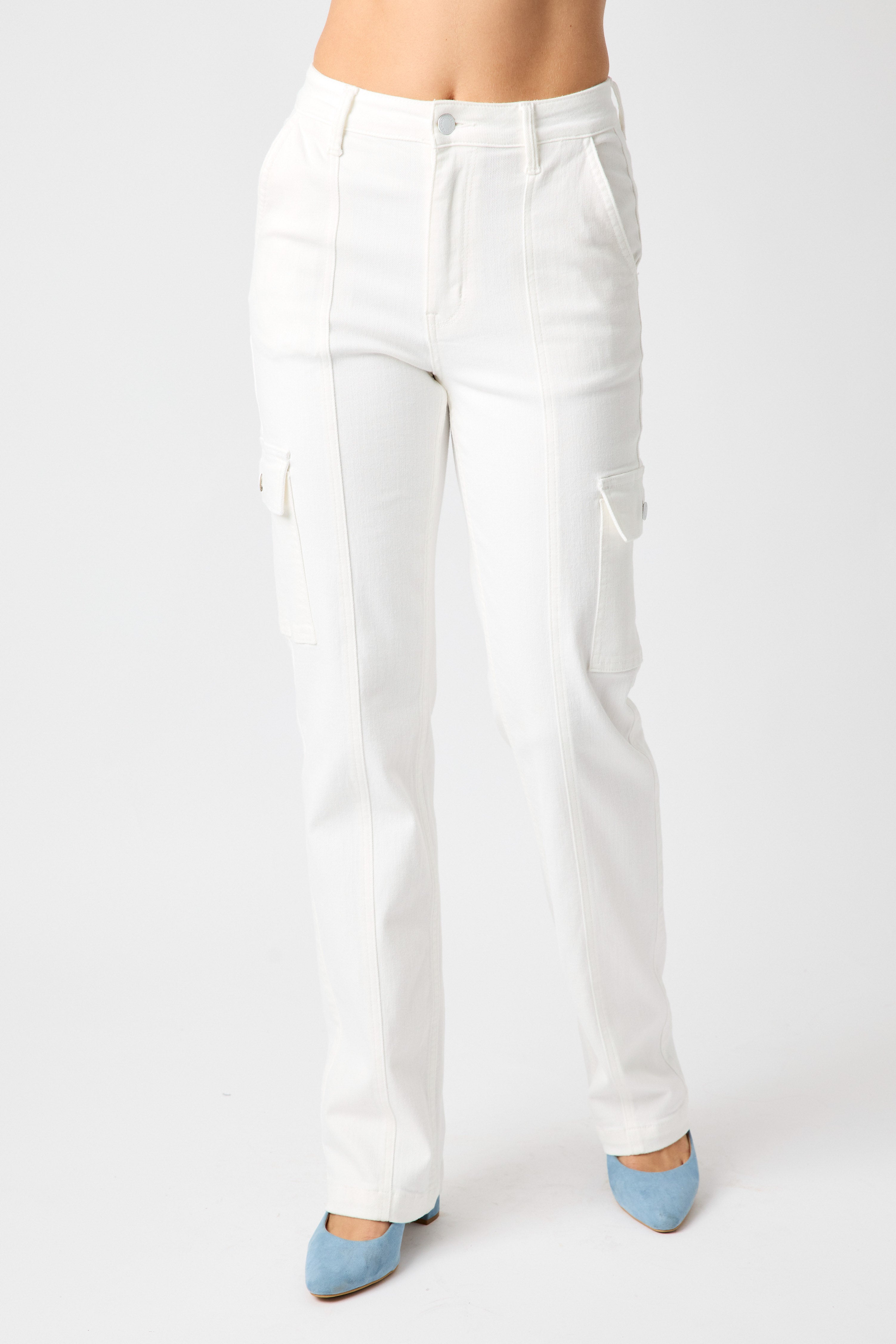 JUDY BLUE CARGO HI WAIST WHITE STRAIGHT FIT DENIM-PLUS