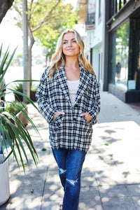 BLACK WHITE HOUNDSTOOTH DESIGN BLAZER PEACOAT