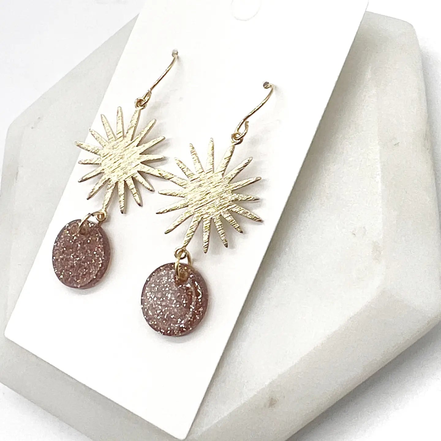 CINNAMON GLITTER GOLD SUNBURST METAL ACRYLIC HANDMADE BBB EARRINGS