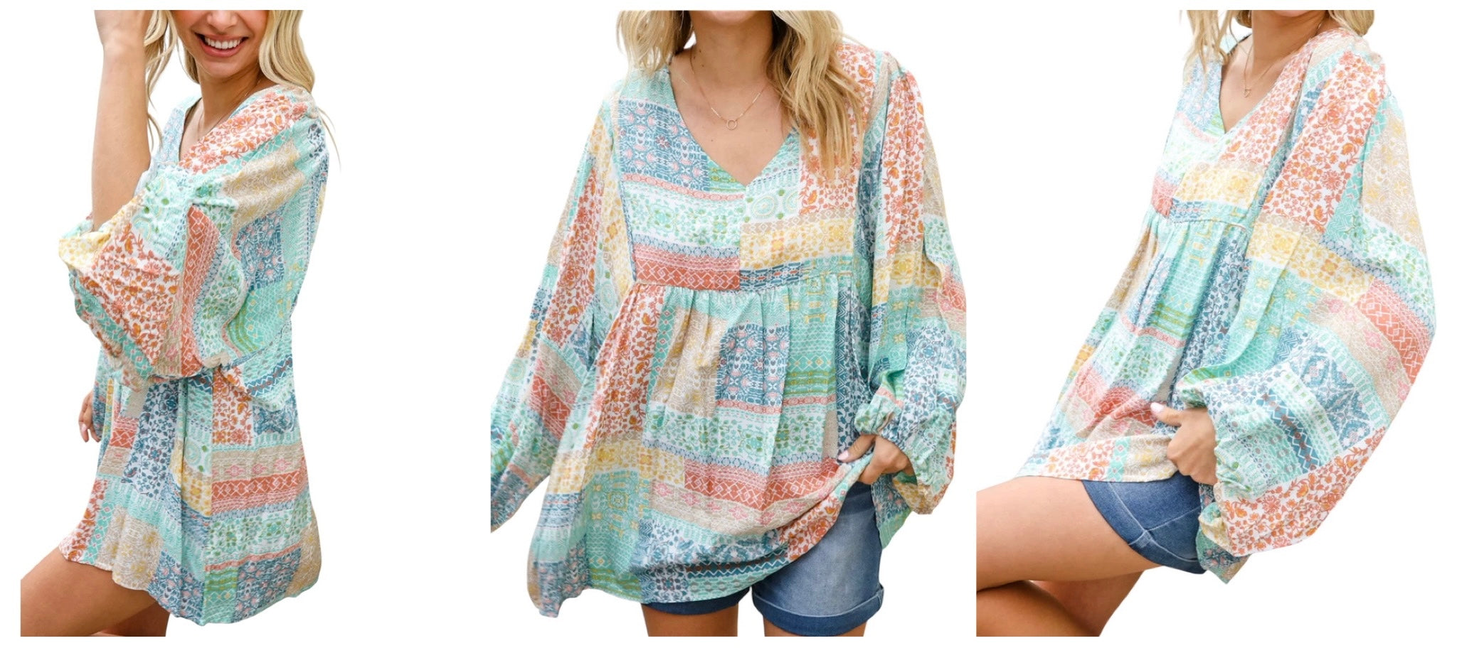 MINT PEACH BOHEMIAM PRINTED PATCHWORK 3/4 BUBBLE SLEEVE VNECK TOP- PLUS- SALE- 1X & 2X AVAILABLE