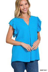 DEEP SKY WOVEN AIRFLOW RUFFLED SLEEVE HIGH-LOW TOP -PLUS