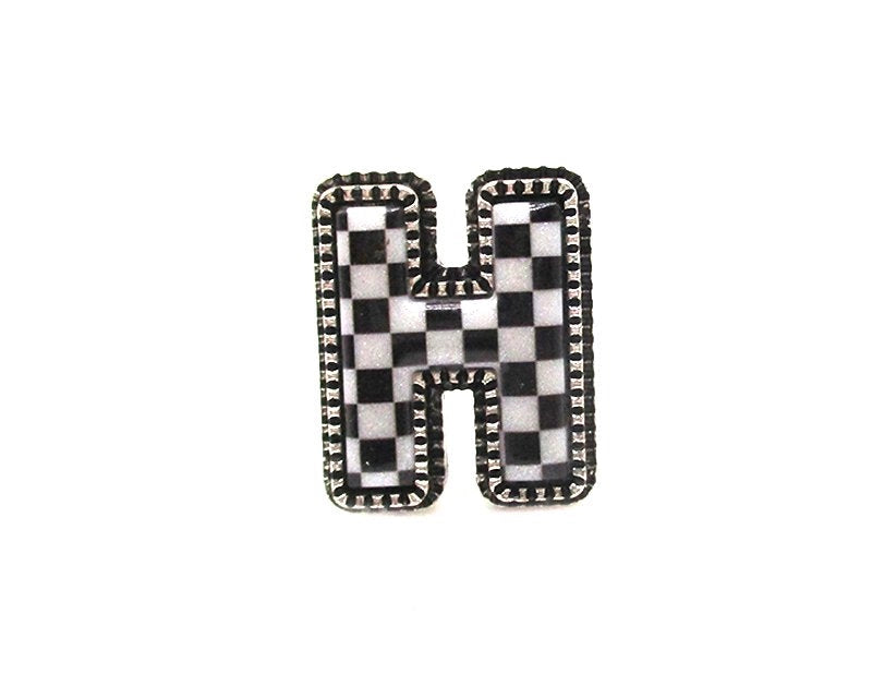 CHECKERED BUBBLE INITIAL BLACK & WHITE ON SILVER ADJUSTABLE CUFF RING