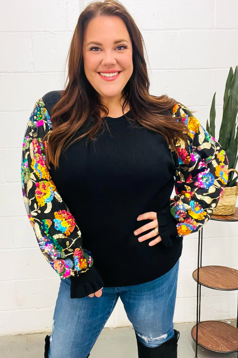 BLACK DIVA DREAMS FLORAL SEQUIN MESH RIB KNIT BLOUSE