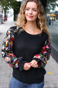 BLACK DIVA DREAMS FLORAL SEQUIN MESH RIB KNIT BLOUSE