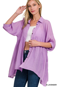 LAVENDER TIERED BACK HI-LOW HEM BUTTON FRONT TUNIC TOP