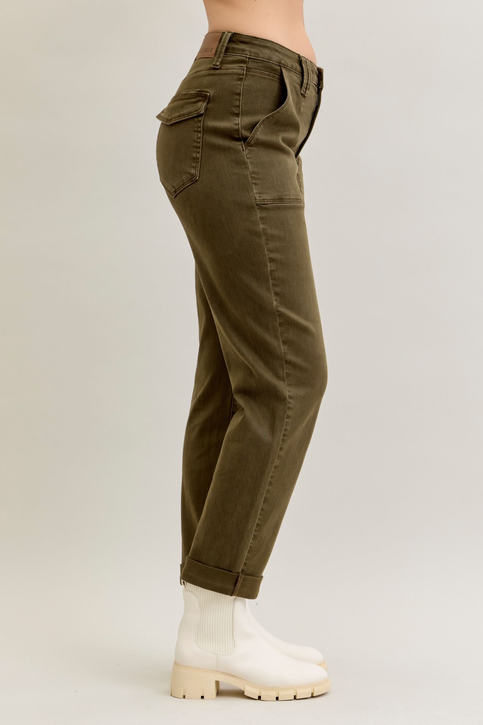 DARK FOREST GREEN HIGH WAIST AURORA WEEKENDER GARMENT DYED CUFFED JUDY BLUE DENIM-PLUS