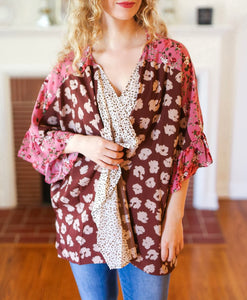 PINK BROWN FLORAL ANIMAL KIMONO-PLUS