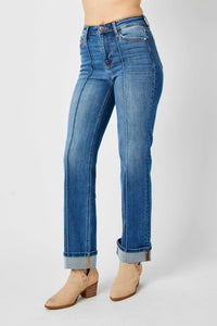 MEDIUM WASH HIGH WAIST FRONT SEAM DETAIL & CUFFED STRAIGHT JUDY BLUE DENIM