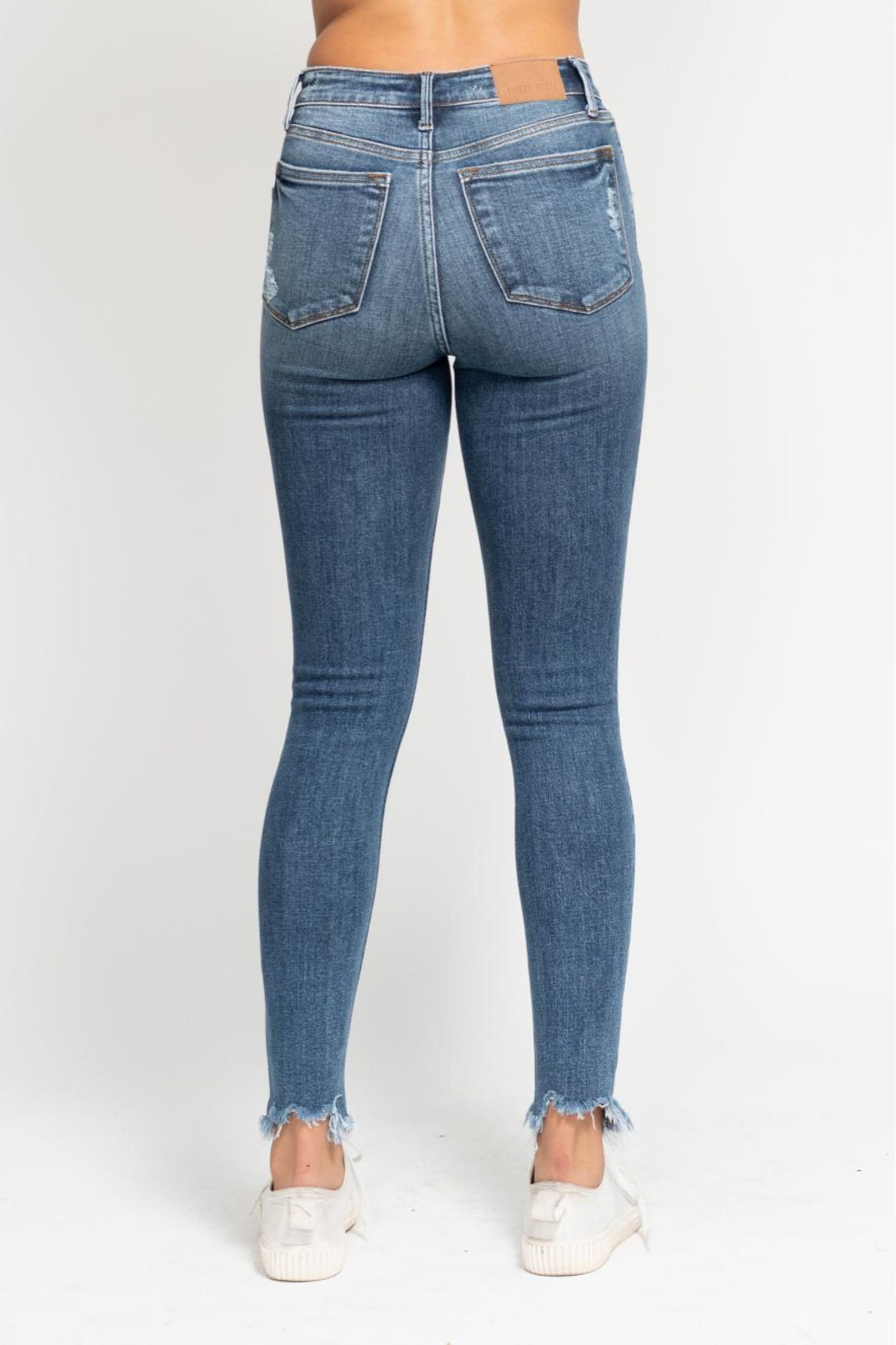 HIGH WAIST MEDIUM WASH SHARKBITE HEM SKINNY WITH DESTROY JUDY BLUE DENIM