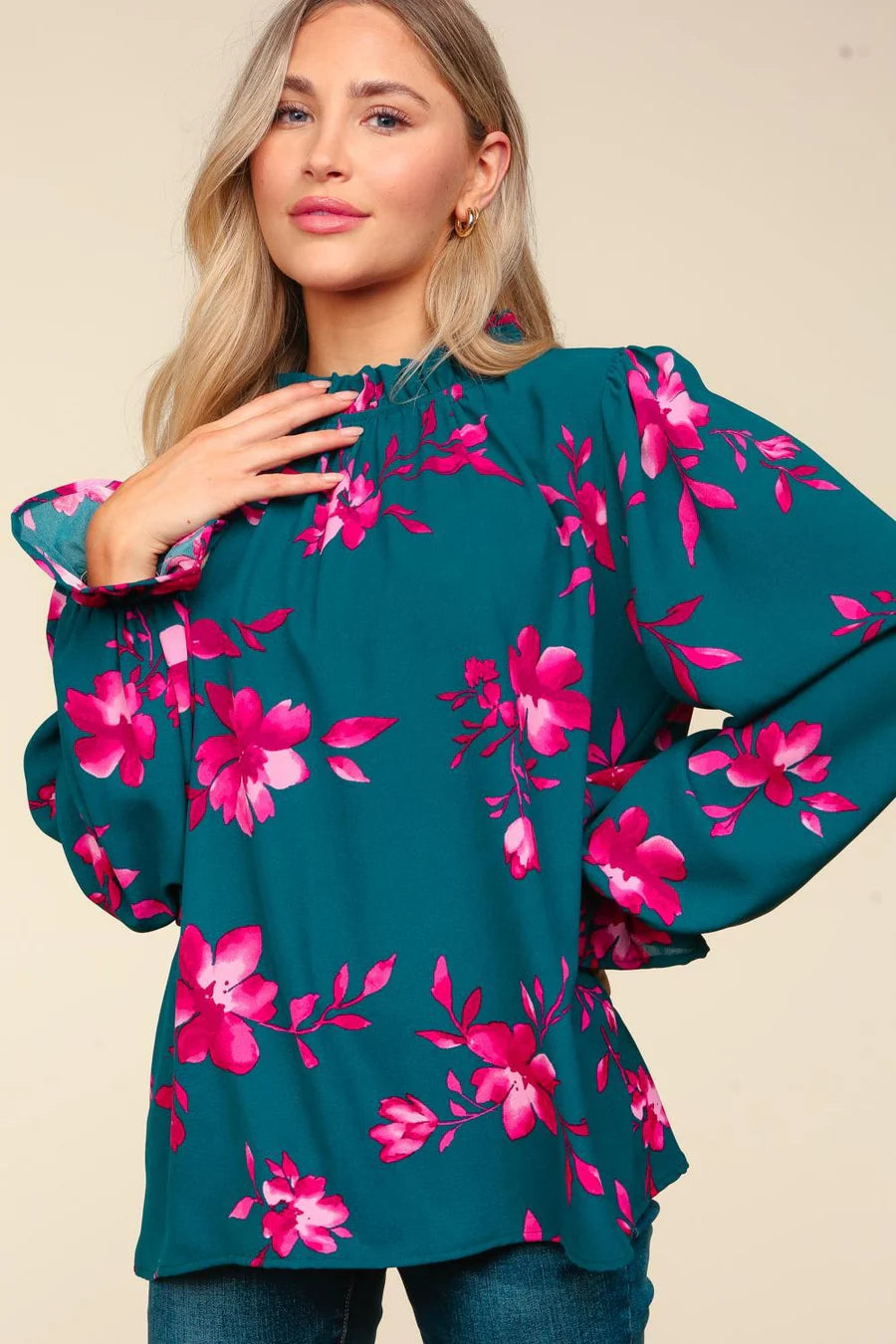 TEAL MAGENTA FRILLY FLORAL MOCK NECK BUTTON PRINTED TOP-PLUS