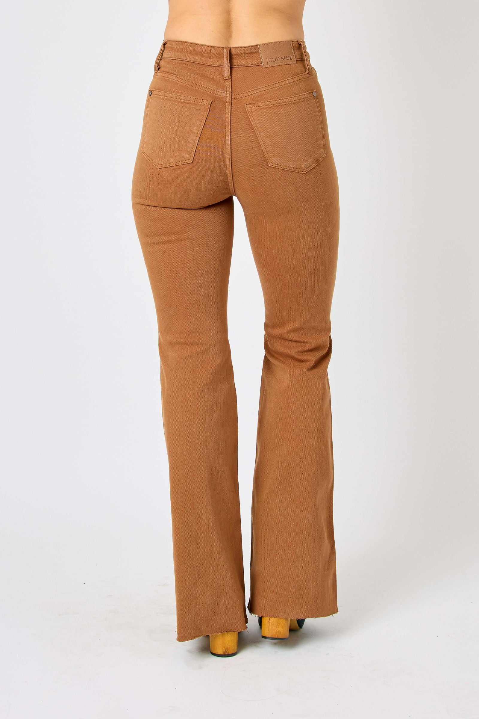 BROWN HIGH WAIST TUMMY CONTROL GARMENT DYED FLARE DENIM JUDY BLUE