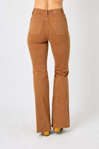 BROWN HIGH WAIST TUMMY CONTROL GARMENT DYED FLARE DENIM JUDY BLUE
