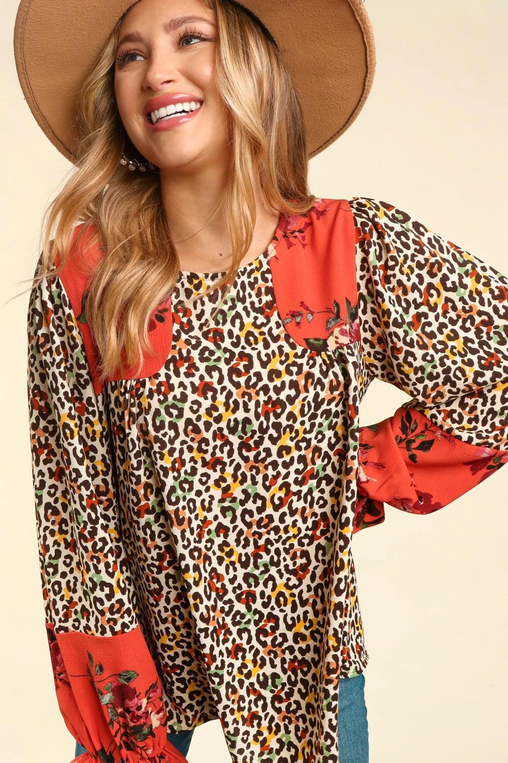 RUST MUSTARD ANIMAL PRINT COLORBLOCK FORAL BLOUSE