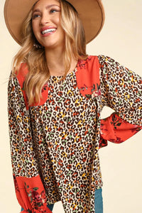 RUST MUSTARD ANIMAL PRINT COLORBLOCK FORAL BLOUSE
