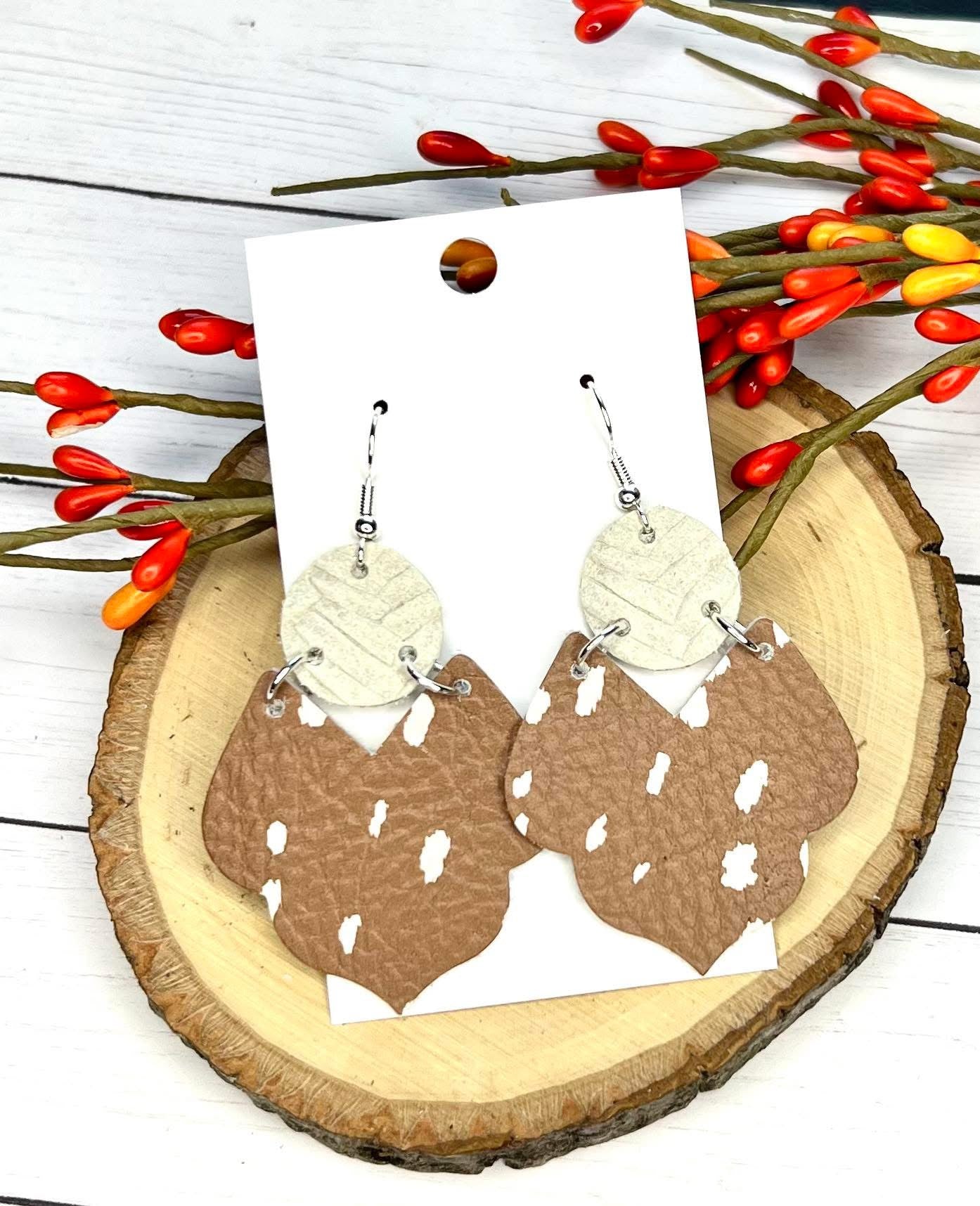 DEER-SPOTTED MARSALA-BROWN & CREAM GEO SHAPE TWO TIER HANDMADE EARRINGS BY B.O.D