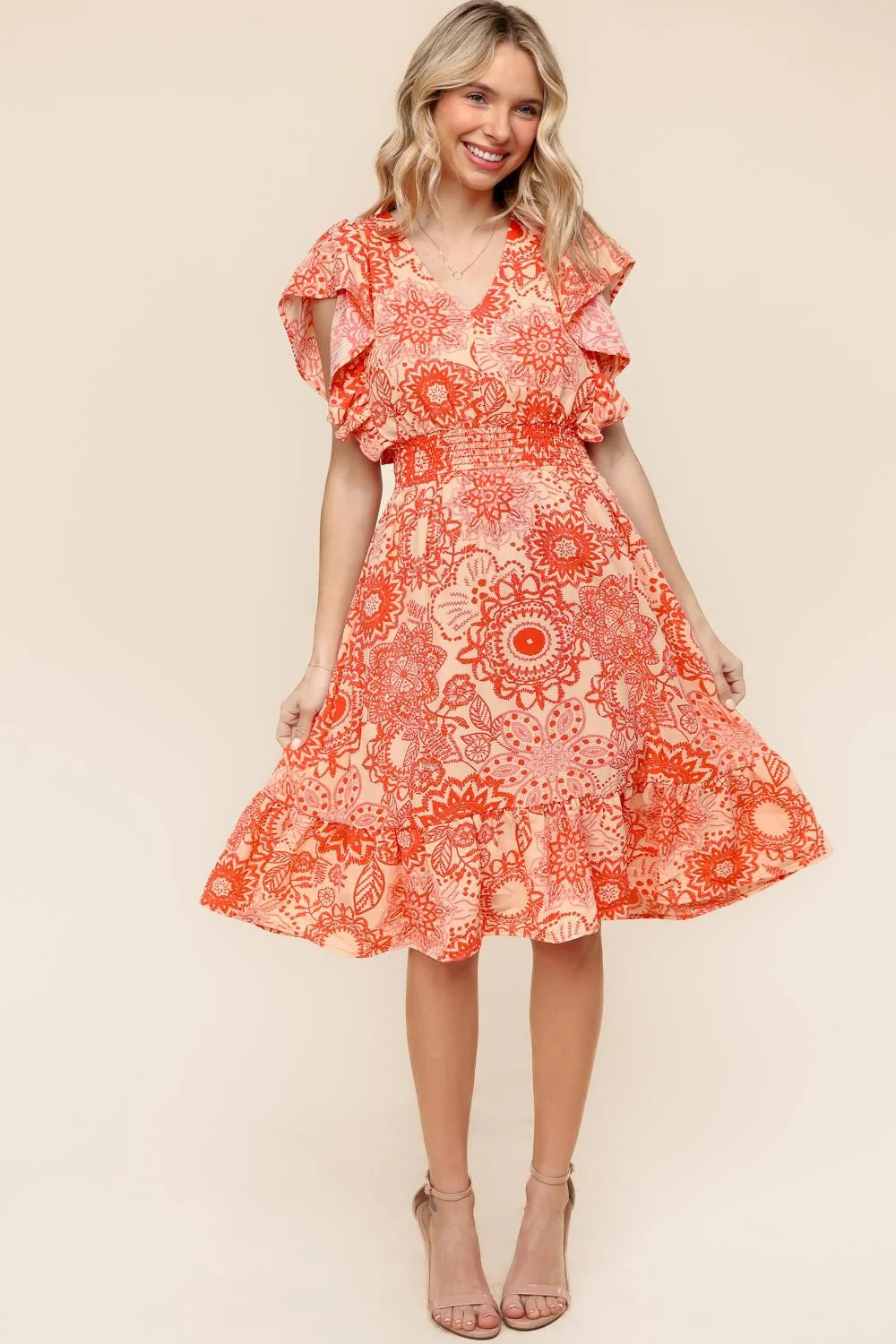 CORAL PEACH DAMASK PRINTED FIT AND FLARE SMOCKED WAIST VNECK POCKETED MIDI DRESS