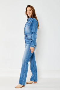 Judy Blue Medium Wash High Waist Denim Long Sleeve Jumpsuit Slim Straight