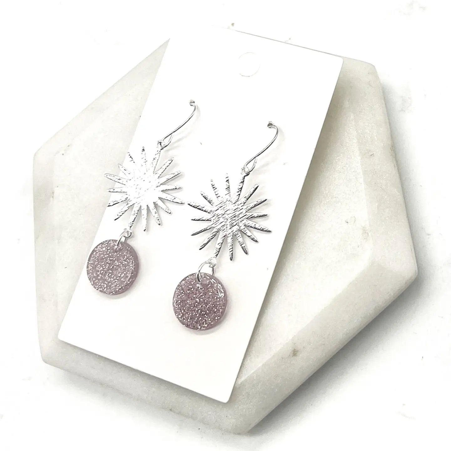 PINK GLITTER SILVER SUNBURST METAL ACRYLIC STATEMENT HANDMADE BBB EARRINGS