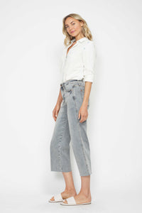 LIGHT WASH MID RISE TUMMY CONTROL RAW HEM WIDE LEG CROPPED JUDY BLUE DENIM