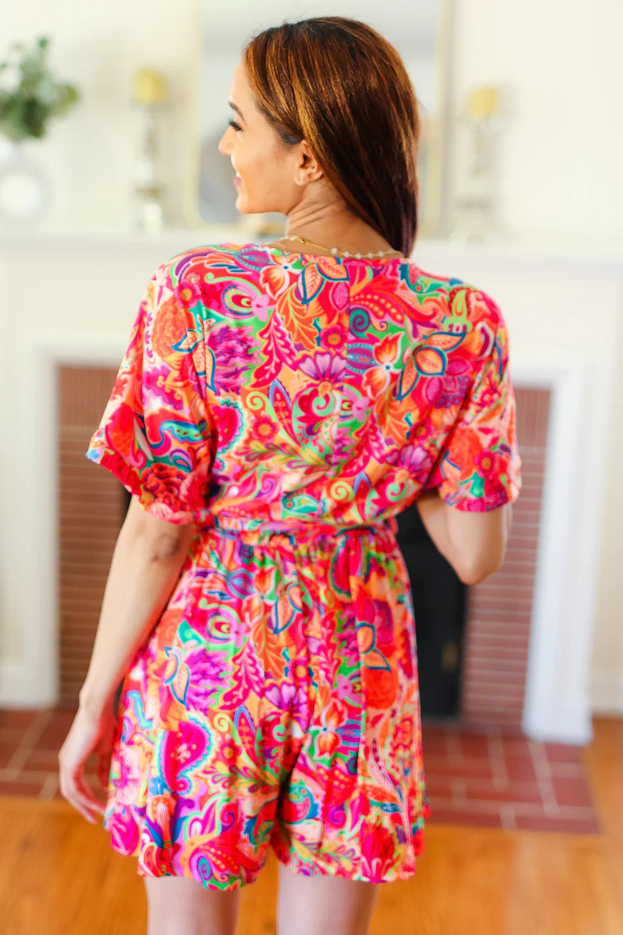 MULTI COLOR BOHO ABSTRACT FLORAL POCKETED ROMPER-PLUS