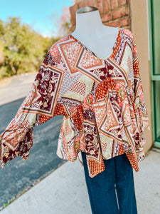 Rust Sepia Boho Sharkbite 3/4 Sleeve Top