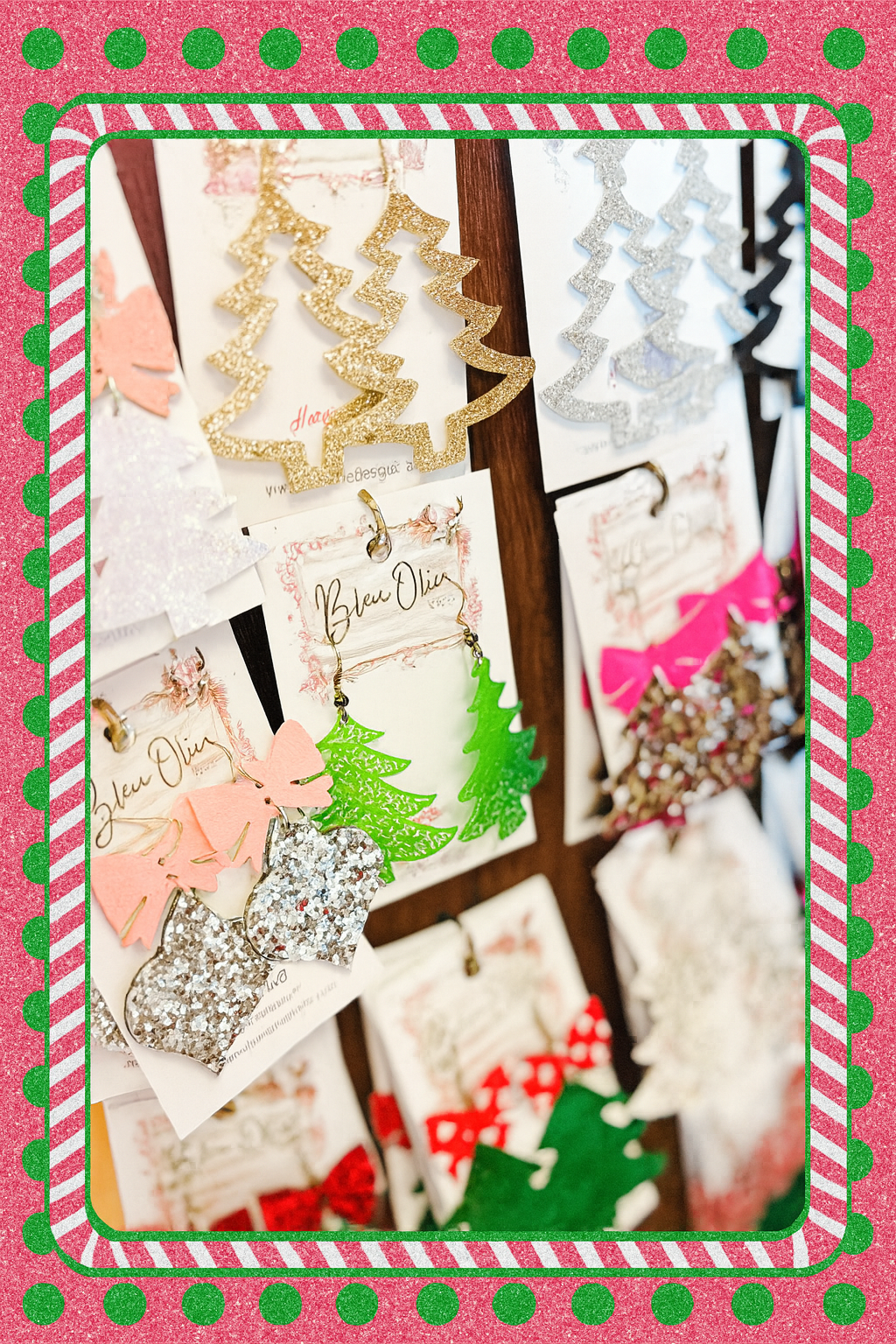GLITZ & GLAM CHRISTMAS TREE BOW RIBBON TOPPER LIGHTWEIGHT LEATHER DANGLY HANDMADE EARRINGS BY B.O.D