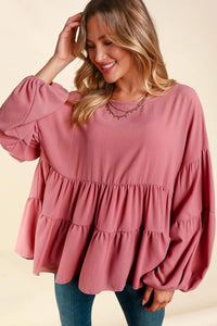 MAUVE BUBBLE WOVEN RUFFLE BABYDOLL TOP-PLUS