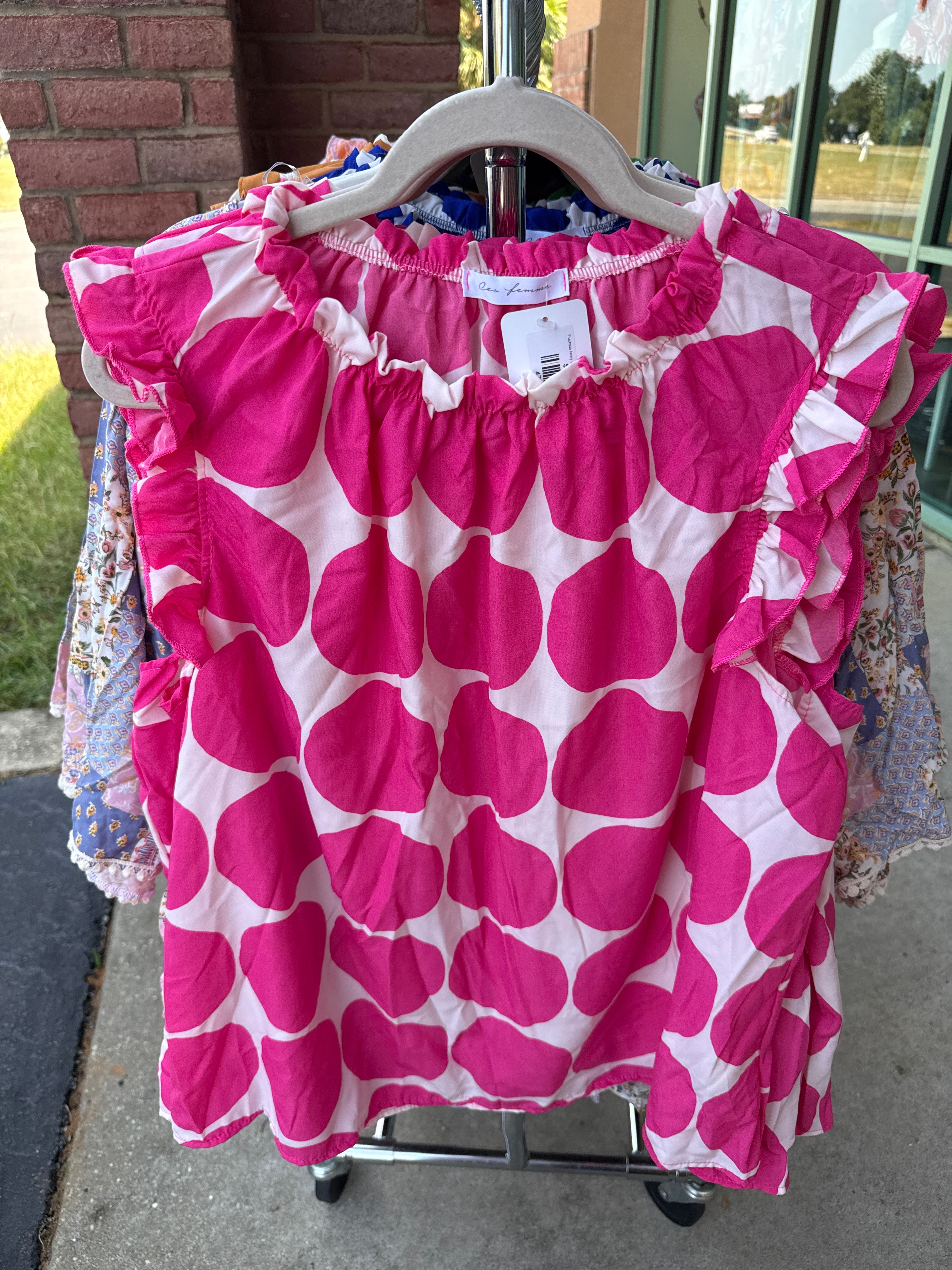 Fuchsia Ivory Big Polka Dot Ruffle Blouse- PLUS- SALE