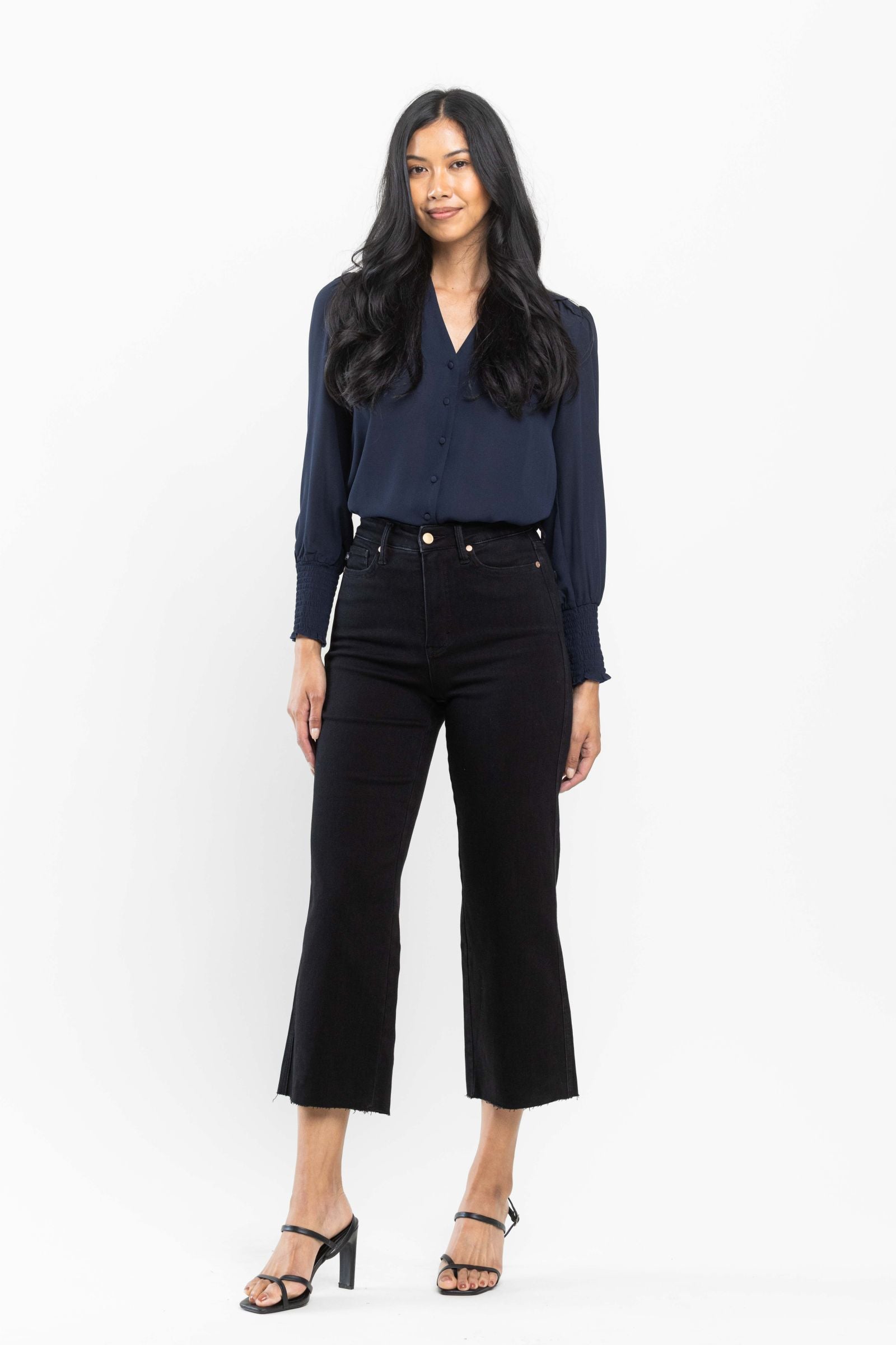JUDY BLUE HIGH WAIST TUMMY CONTROL BLACK WIDE CROP LEG DENIM-PLUS