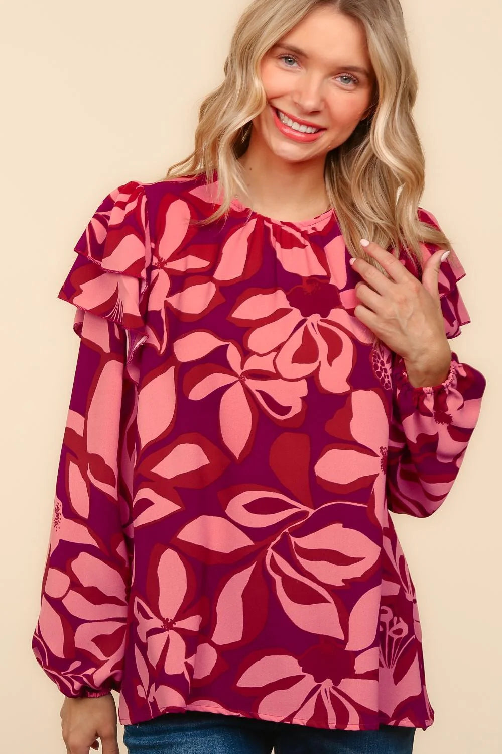 FLORAL RUFFLE SLEEVE BUBBLE LONG SLEVE WOVEN RED FUCHSIA TOP-PLUS