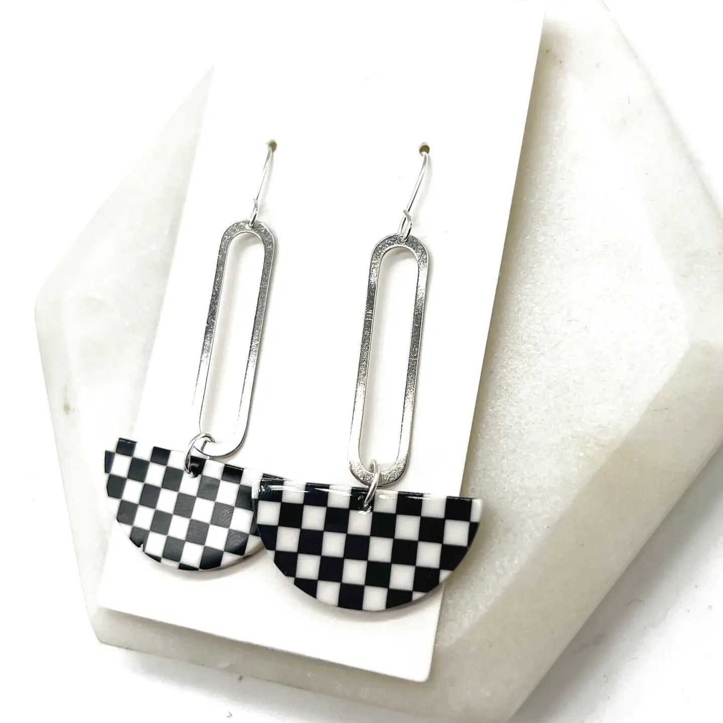 BLACK & WHITE CHECKERED PRINT SILVER SWING ACRYLIC HALF CIRCLE STATEMENT HANDMADE BBB EARRINGS