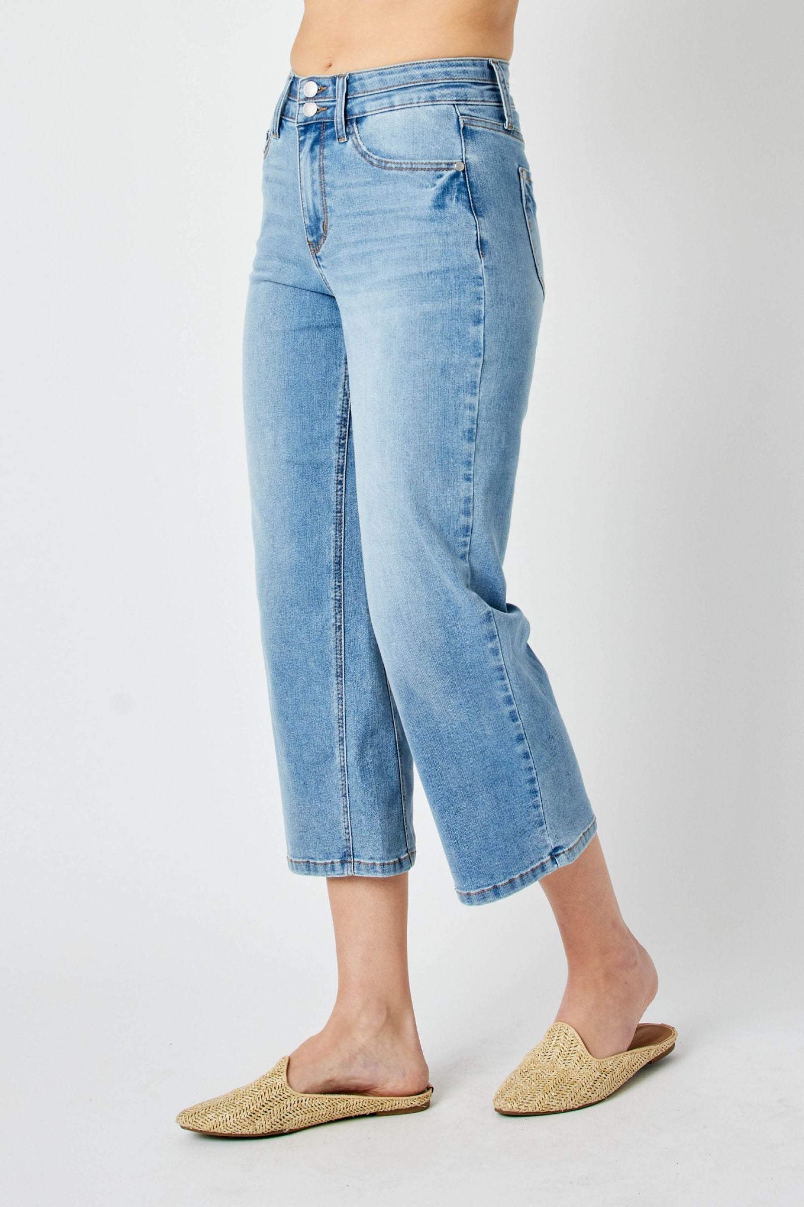 MEDIUM WASH HIGH WAIST DOUBLE WAISTBAND CROPPED WIDE LEG JUDY BLUE DENIM-PLUS