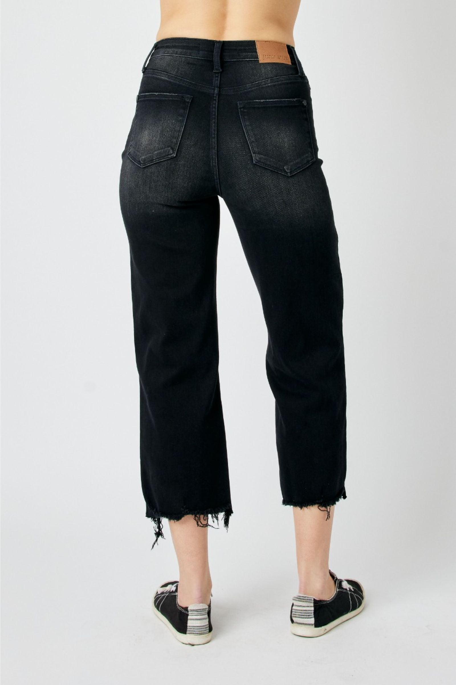 BLACK HIGH WAIST DESTROYED RAW HEM CROP WIDE LEG JUDY BLUE DENIM