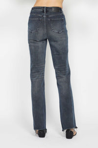 DARK WASH HIGH WAIST BUTTON FLY DESTROYED HEM STRAIGHT LEG JUDY BLUE DENIM