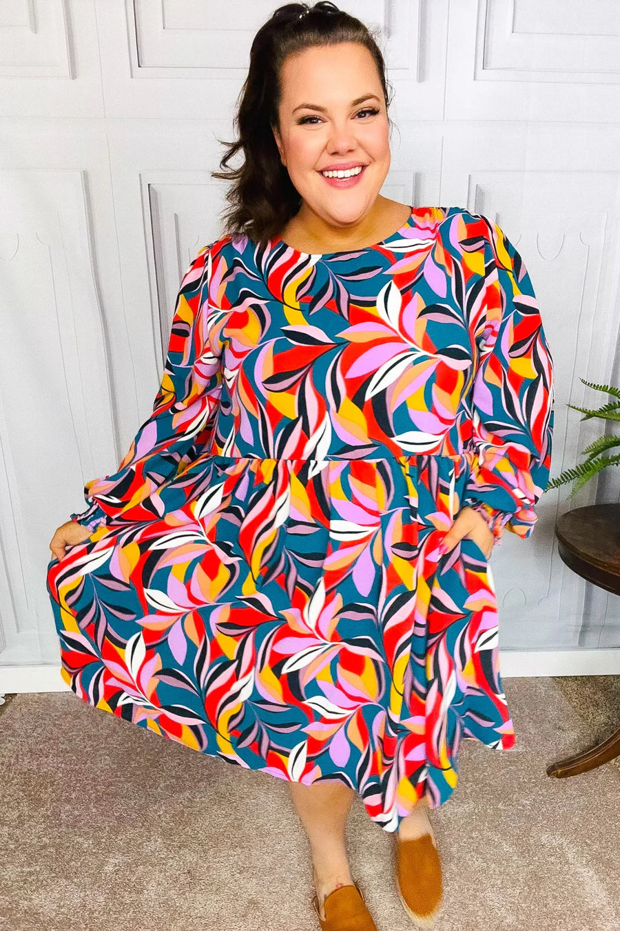 PERFECTLY YOU TEAL ABSTRACT PRINT SMOCKED CUFF BUBBLE SLEEVE DRESS-PLUS