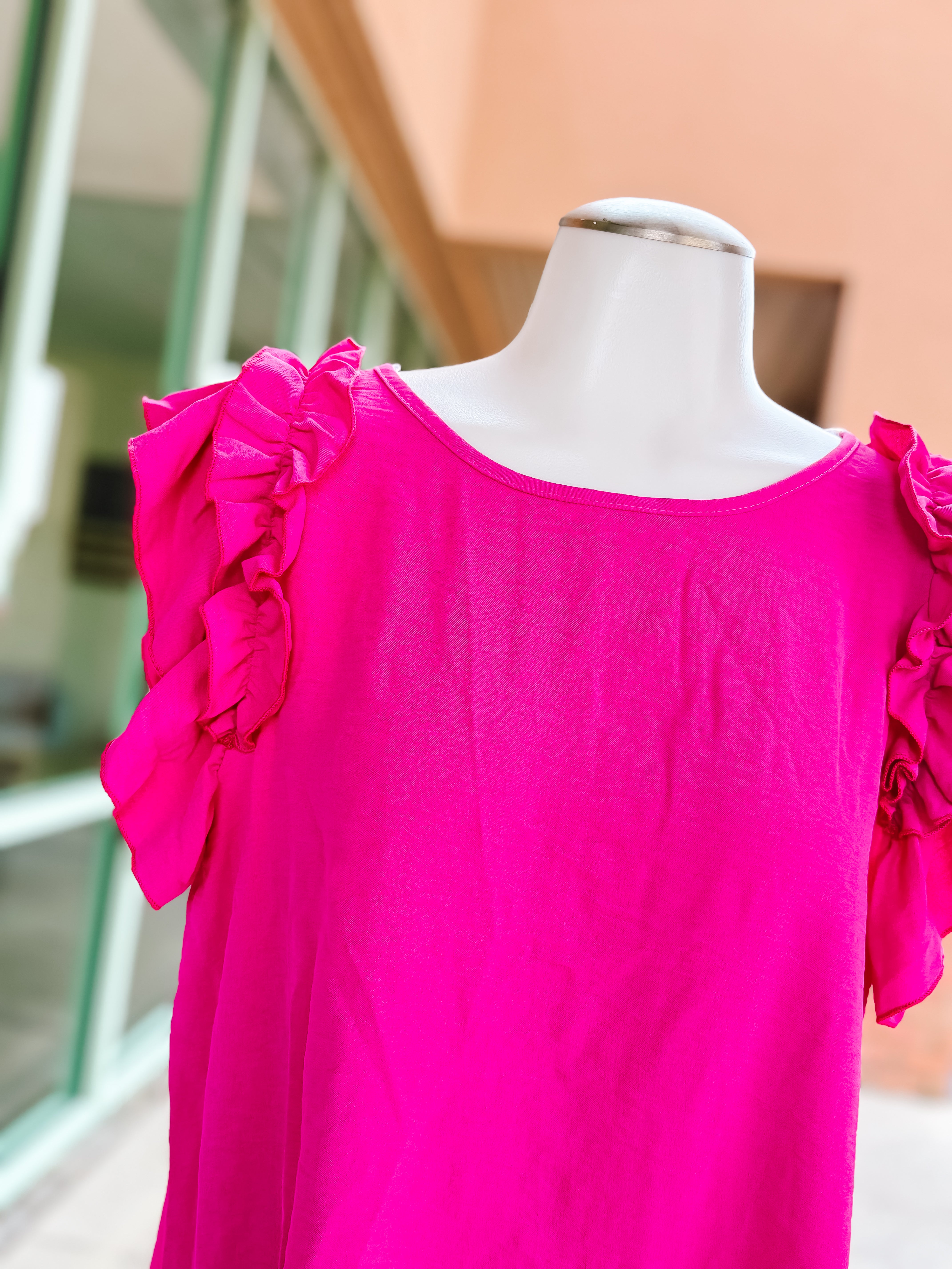 Hot Pink Crinkle Double Ruffle Short Sleeve Top- SALE