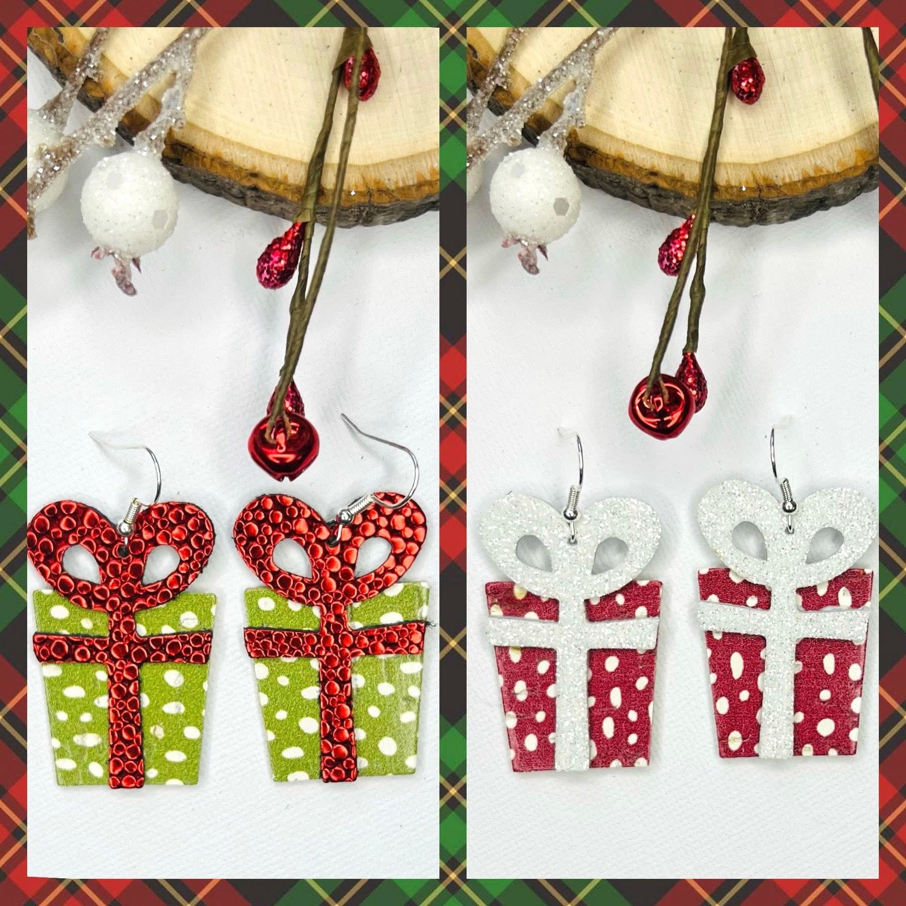 ALL WRAPPED UP GIFT BOX PRESENT CHRISTMAS BOW HANDMADE EARRINGS BY B.O.D