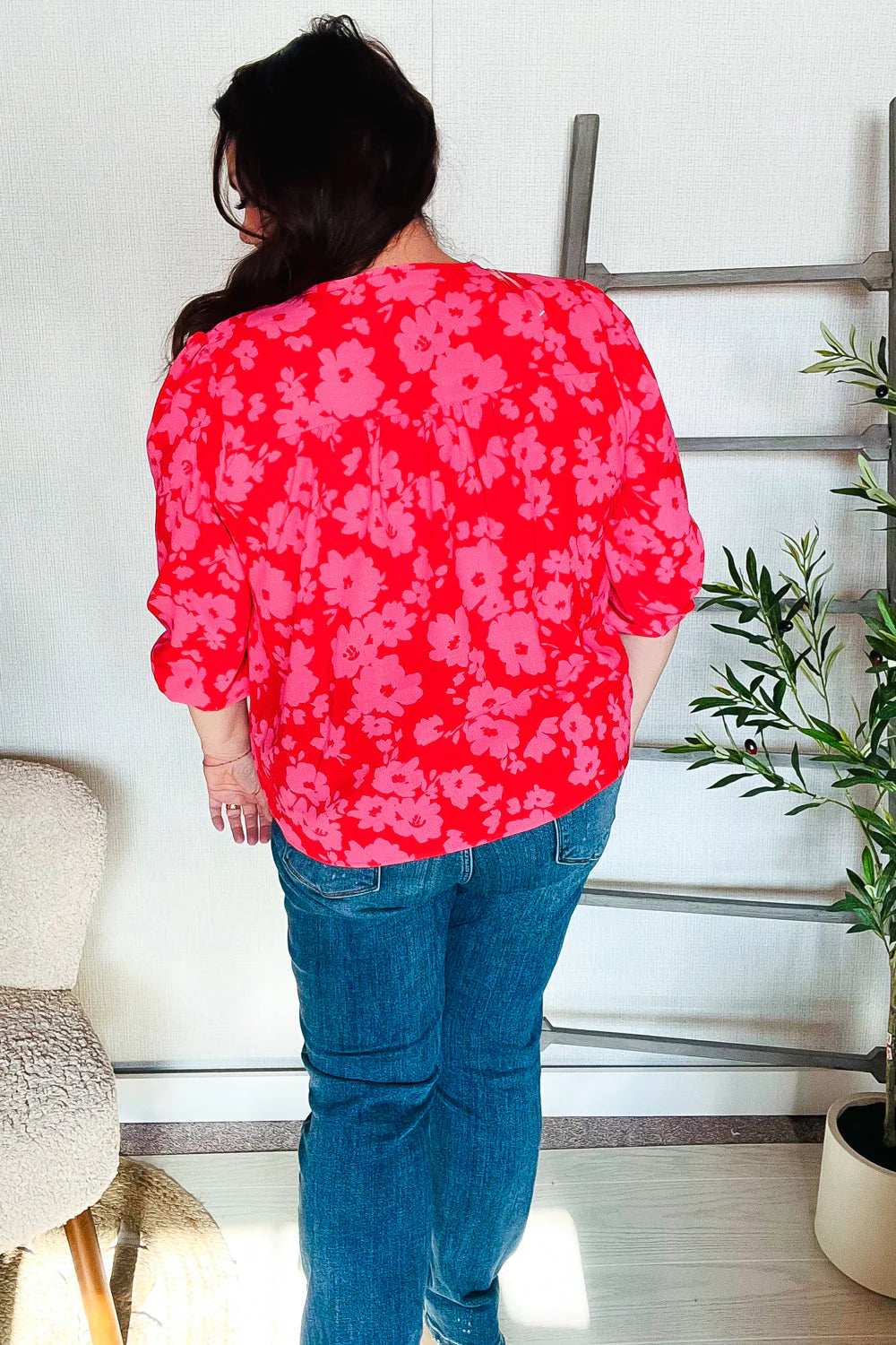 RED PINK RIBBON BOW FLORAL WOVEN TOP