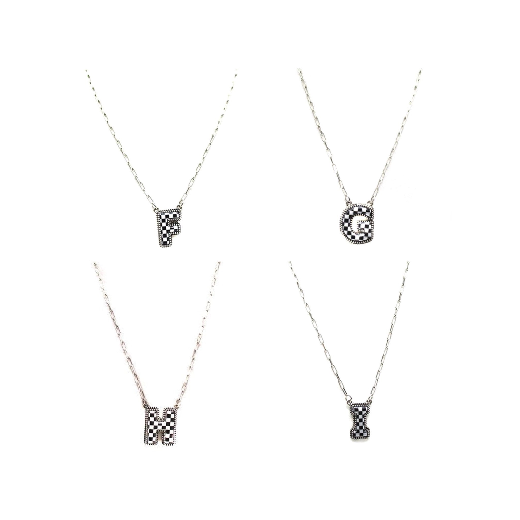 CHECKERED BUBBLE INITIAL BLACK & WHITE ON SILVER CHAIN WITH 18" + 3" EXTENDER NECKLACE