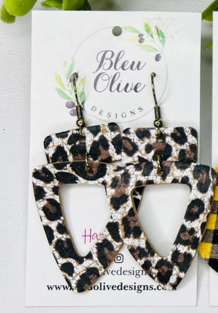 BLACK BROWN WHITE LEOPARD PRINT TWO TIER ARROW DANGLES HANDMADE EARRINGS BY B.O.D